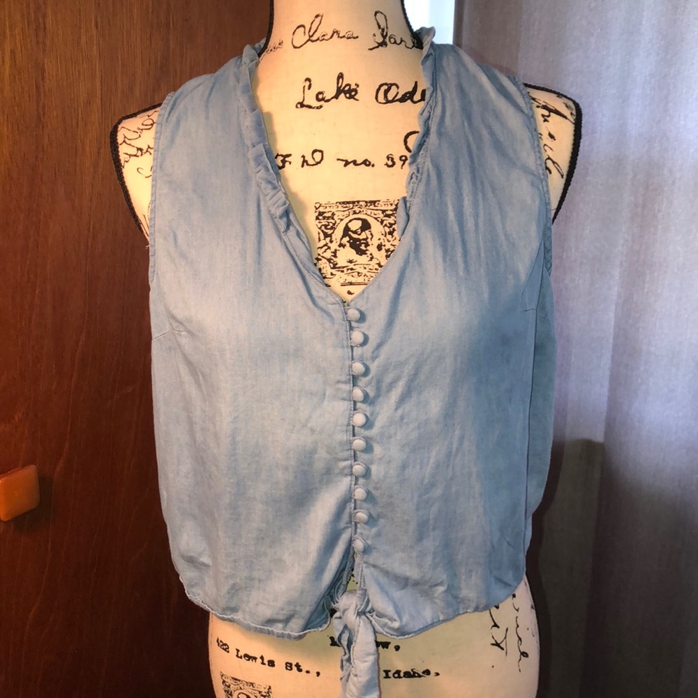 Denim like- button up tie blouse